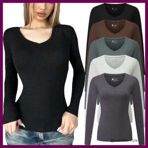 Long Sleeve V Neck Thermal Tops Fitted Basic Casual Women's Tees 5 Pack